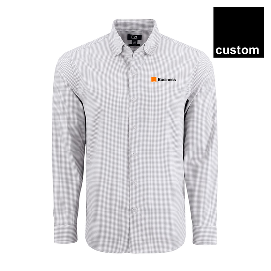 Orange Cutter & Buck Skyline Epic Confidence Recycled Gingham Mens Long Sleeve Dress Shirt