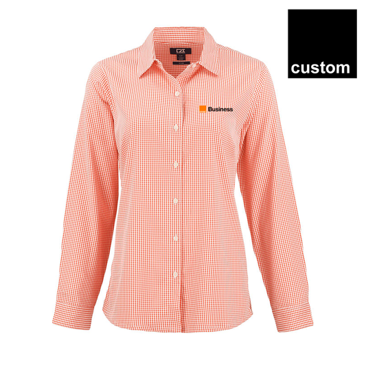 Orange Cutter & Buck Skyline Epic Confidence Recycled Gingham Womens Long Sleeve Dress Shirt